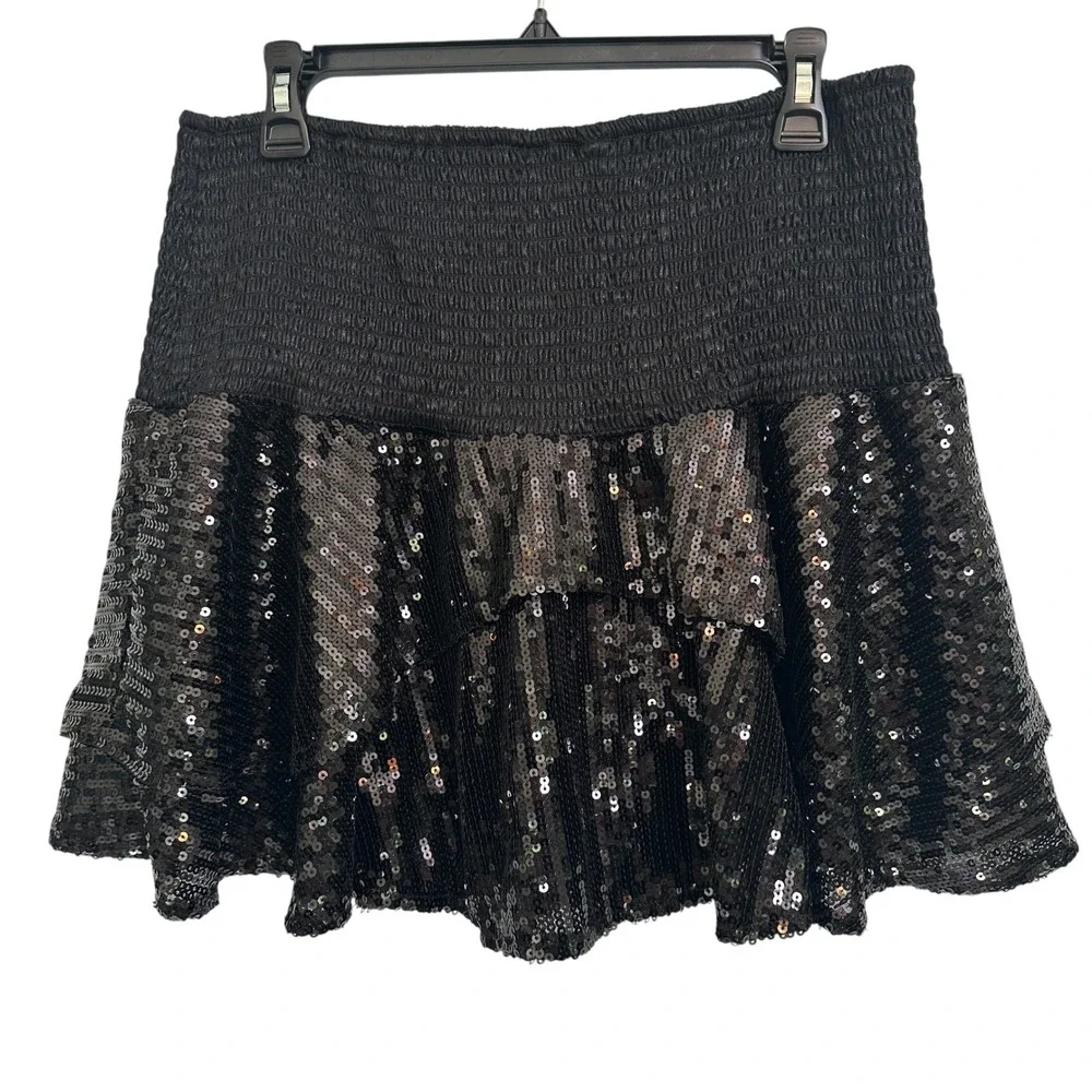 Simply Southern Skirt Sparkle Sequin L/XL Smocked Tiered Ruffle Mini Black NWT